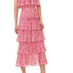 Amur Paisley Pink Floral Pleated Tiered Midi Skirt